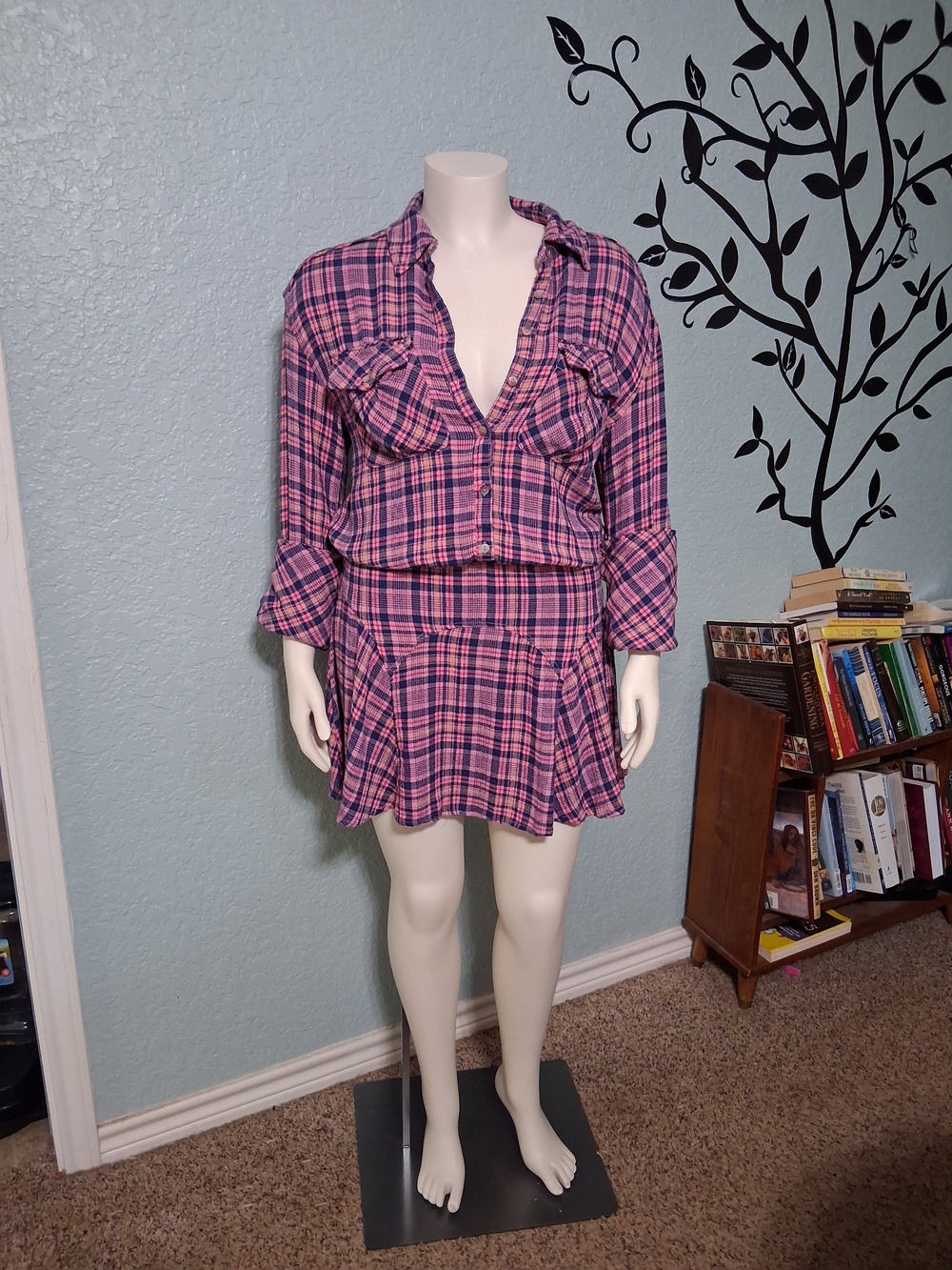Free People Milo Pink Blue Dress Button Front